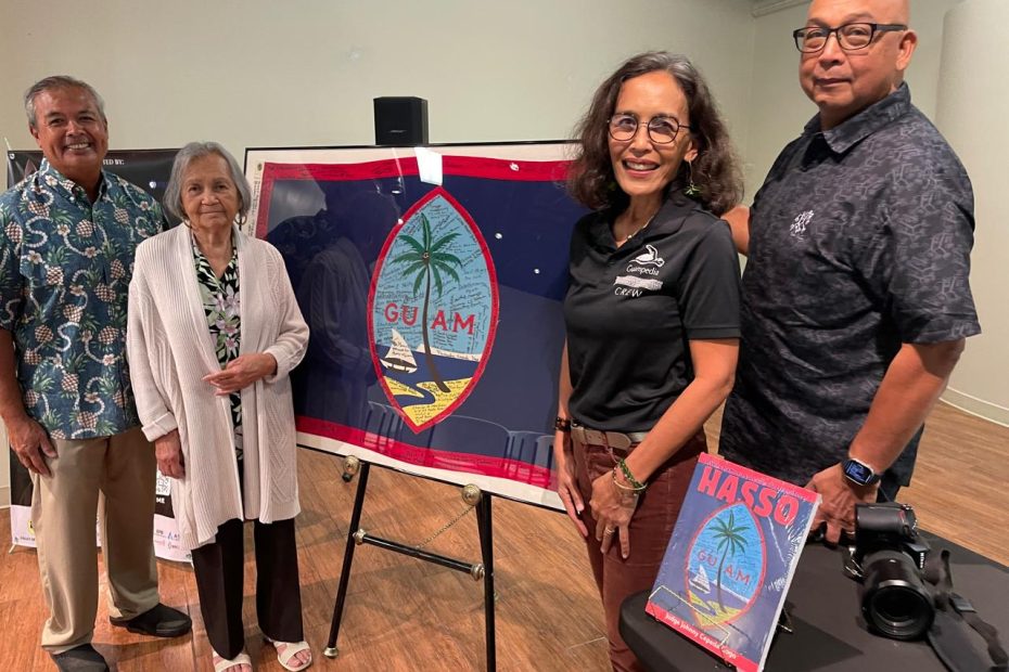 Left to Right: David Tydingco, Chairman of the Board for the Guam Museum Foundation. Mrs. Remedios Gogo, the Mother of the Author, Judge Johnny Gogo. and a War Survivor. Rita Pangelinan Nauta, Managing Director of Guampedia. Manny Crisostomo, Publisher.