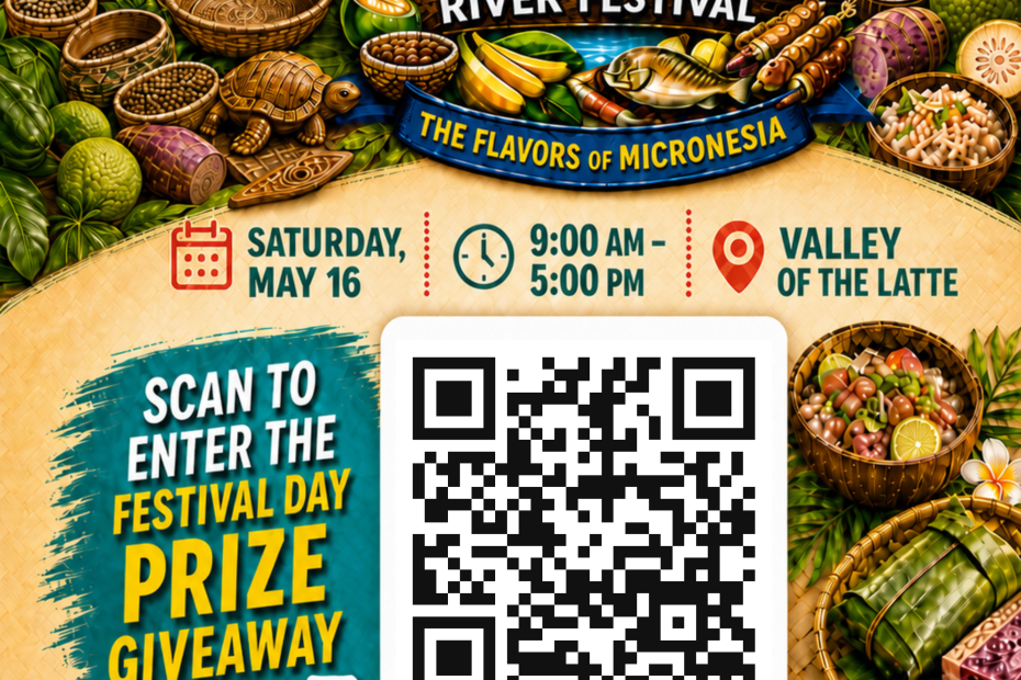 Vibrant festival poster for The Valley of the Latte River Festival with tropical foods, baskets, and a large QR code to scan for details or entry.